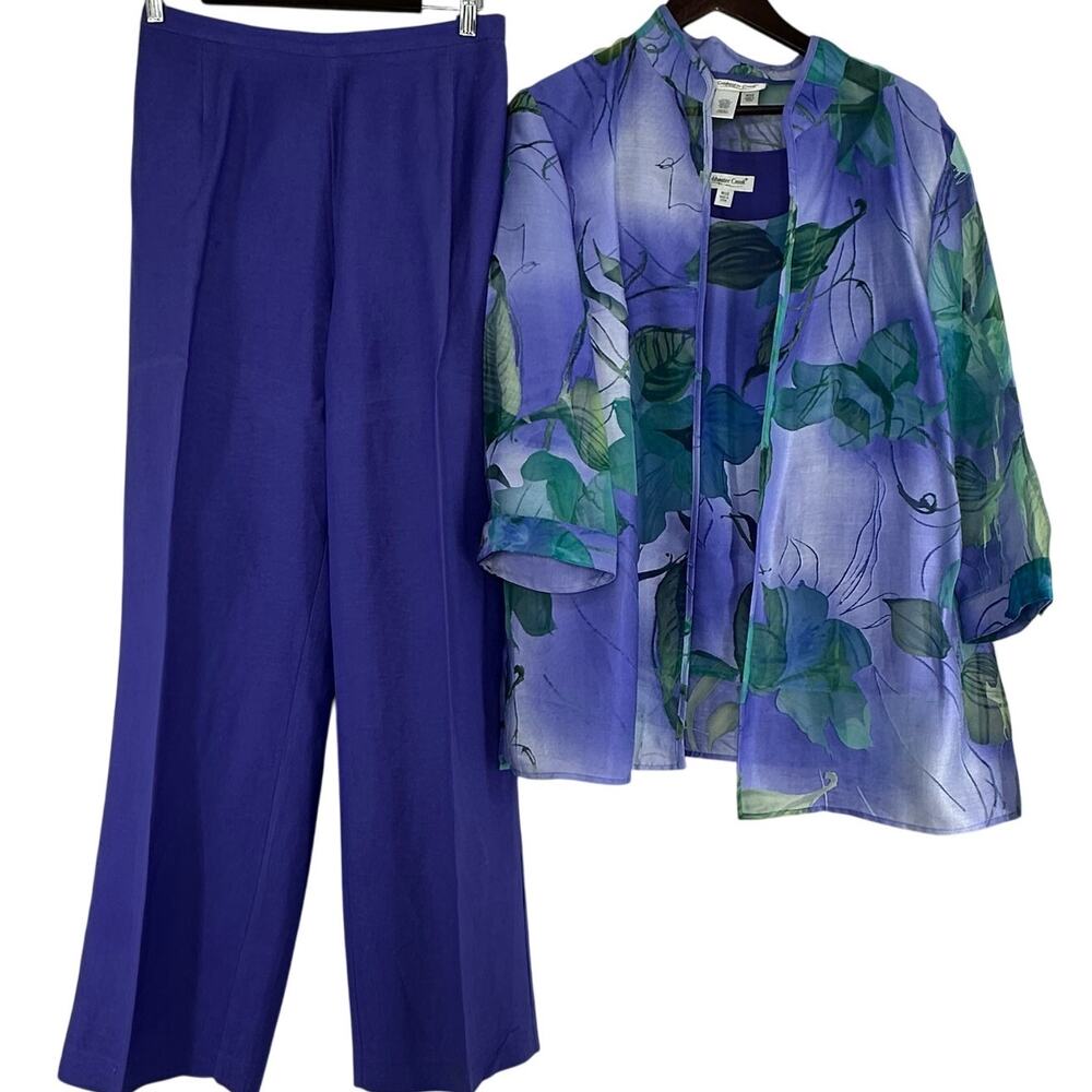 Coldwater Creek 3 Pc Set Purple Teal Floral Size 20 Pants, Cami, & Sheer Jacket